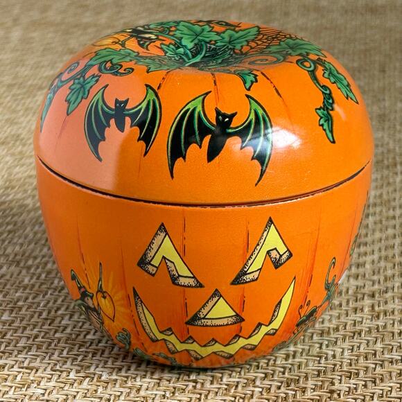 Vintage Halloween Pumpkin Tin with Bats Mice Lanterns Keller Charles - Picture 1 of 6